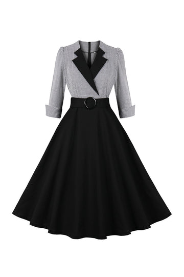 Long Sleeves Plaid Swing 1950s Dress with Belt